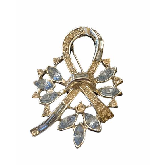 Vintage Rhinestone and Blue Stone Ribbon Brooch Pin 2" - Picture 2 of 7